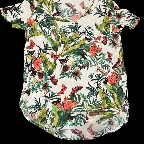 H&M Hawaiian Tropical Top Floral Blouse Short Sleeve Sheer White Vacation Sz 4 - Picture 5 of 5